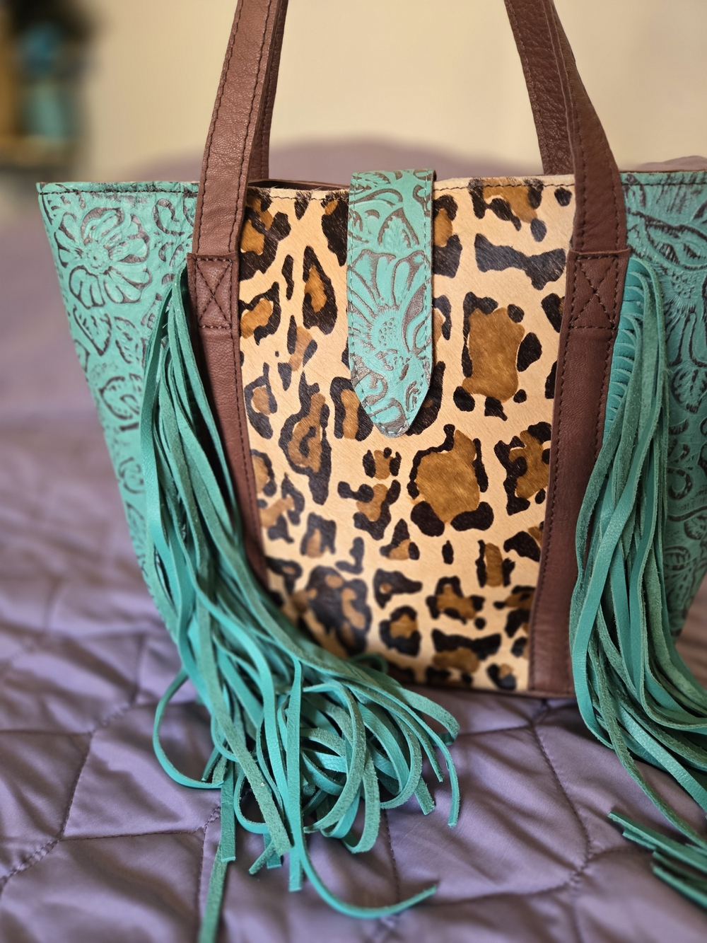 Leopard Print & Teal Fringe Tote Bag